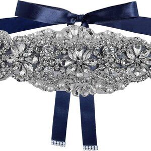 Bridal Rhinestone Wedding Dress Sash Belt Navy Beaded Ribbon Sparkle Gift
